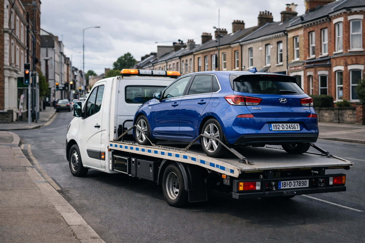 white tow truck carrying blue car with Dublin plates in Raheny
