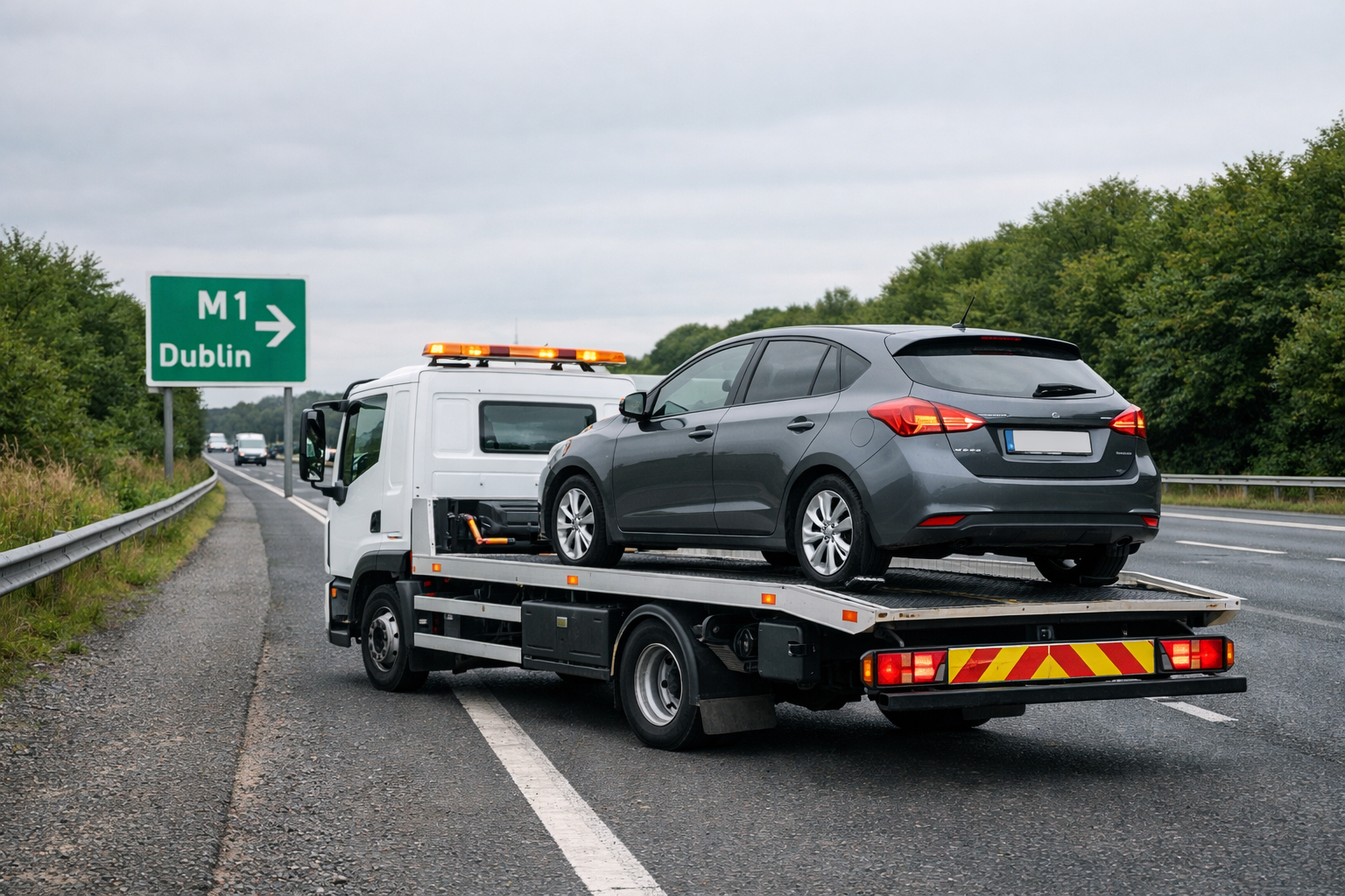Tow truck recovering broken down car on the M1 motorway in Ireland