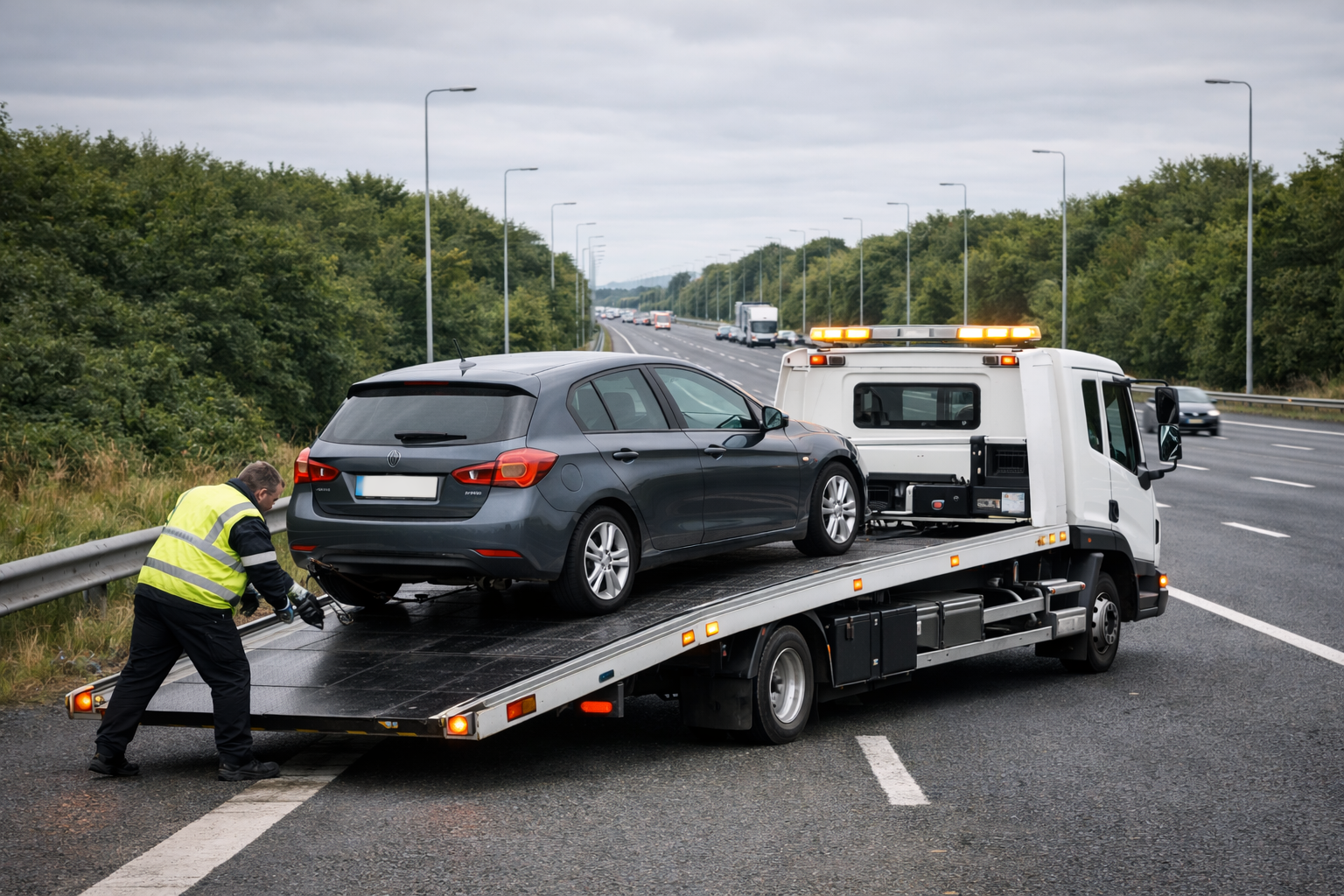 Tow truck recovering broken down car on the M7 motorway in Ireland