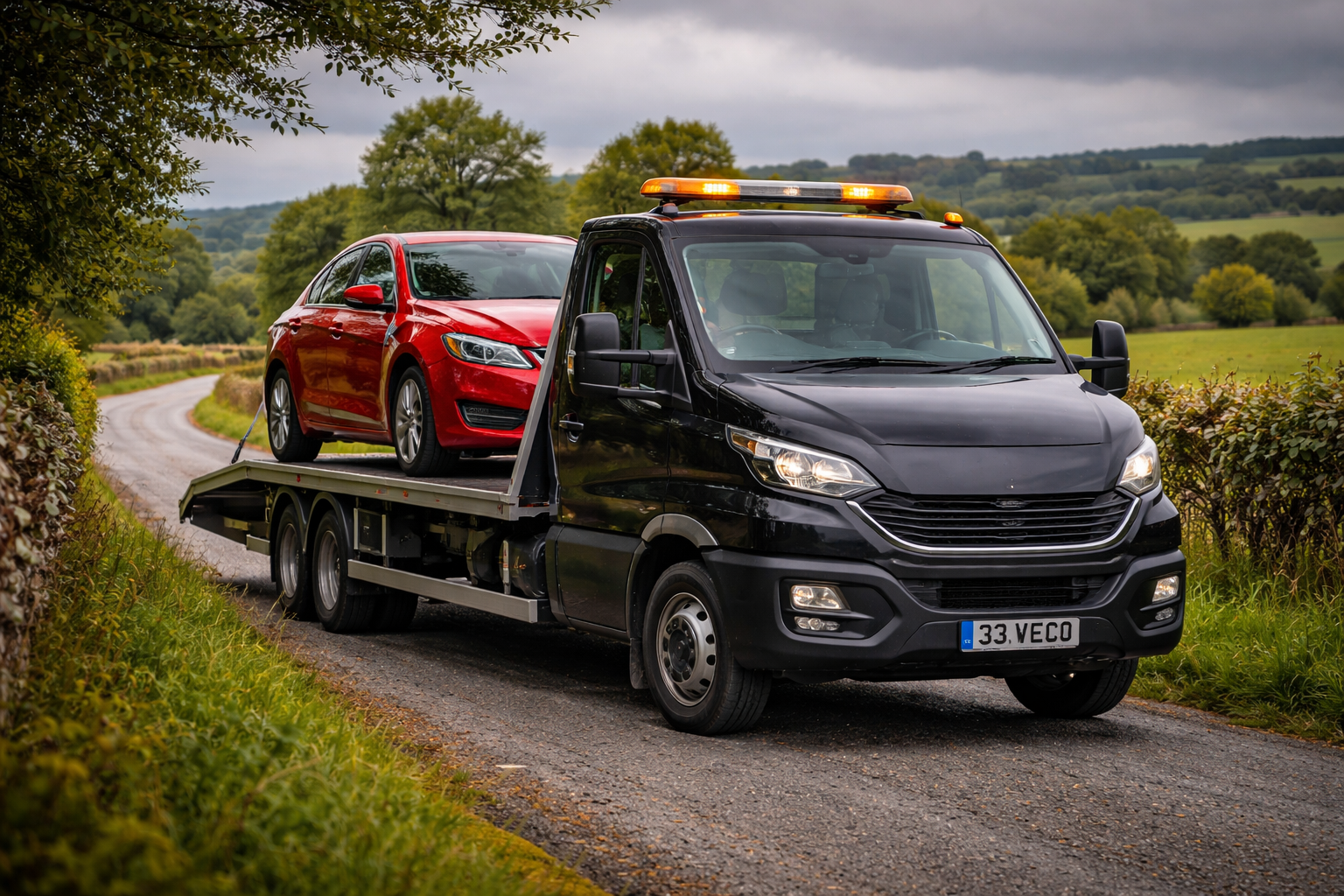 Black tow truck recovering broken down red car on rural N26 road in County Mayo