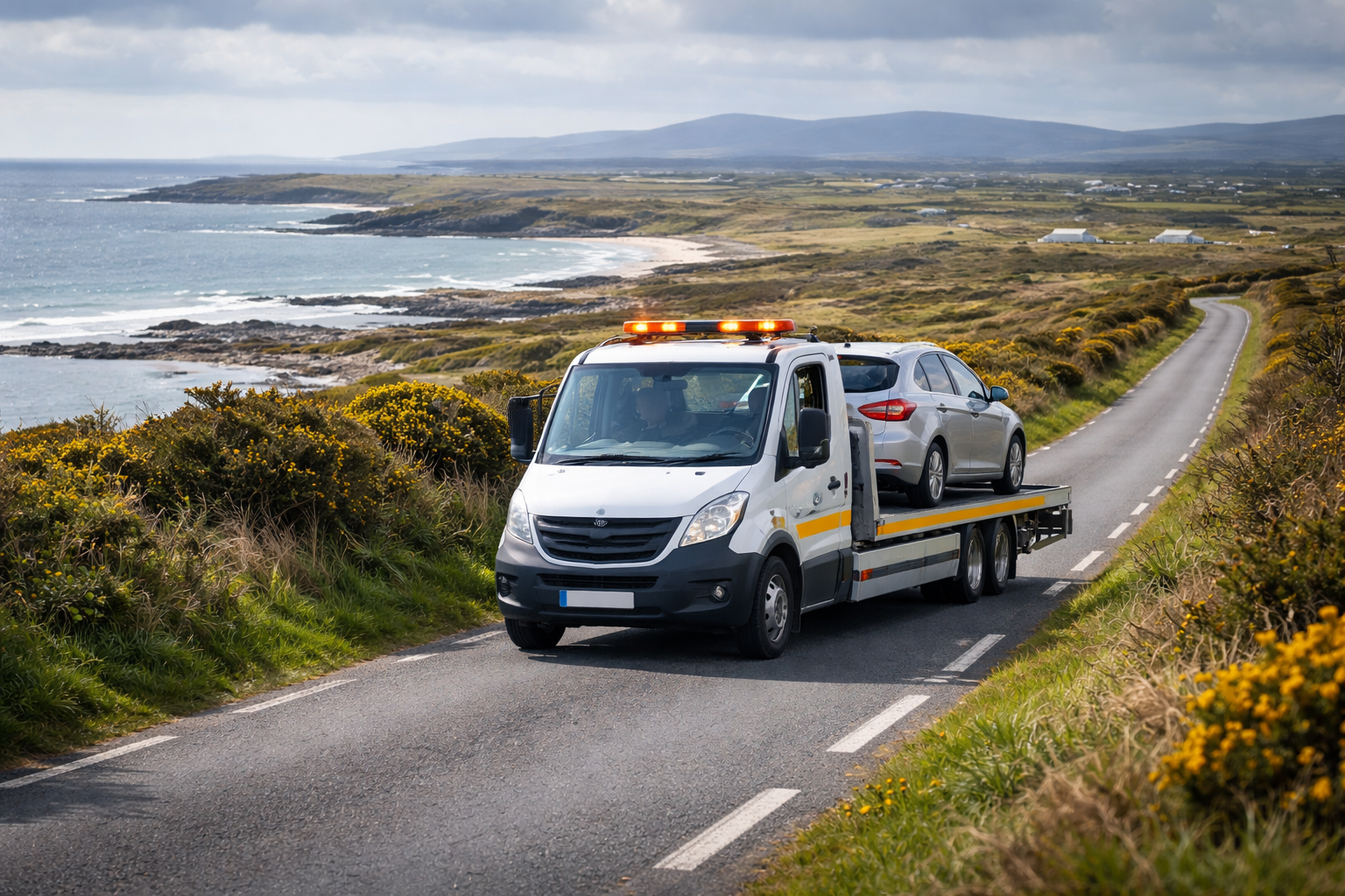 Tow truck carrying broken down car on R313 road in County Mayo Ireland