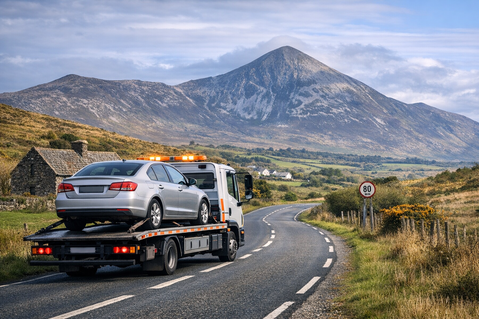 tow truck R330 Mayo carrying car near Westport Partry road