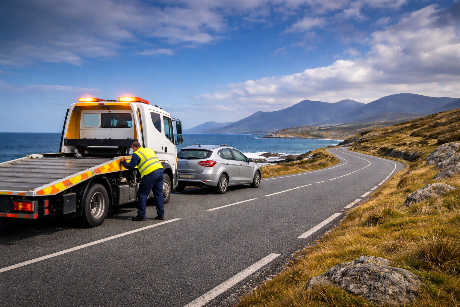 Tow truck assisting broken down car on the R336 coastal road in Connemara Galway