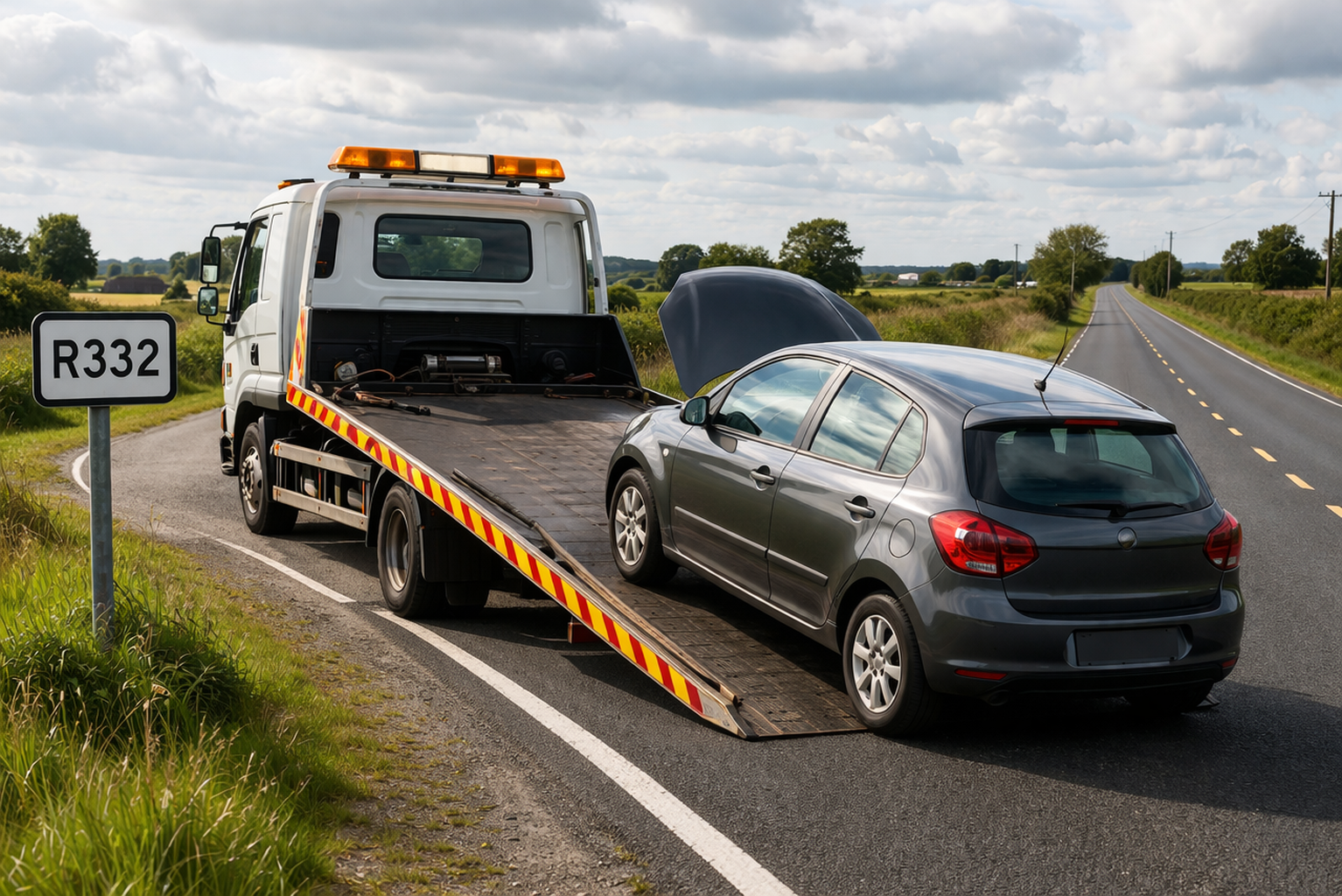 Tow truck loading broken down car on the R332 rural road between Tuam and Kilmaine