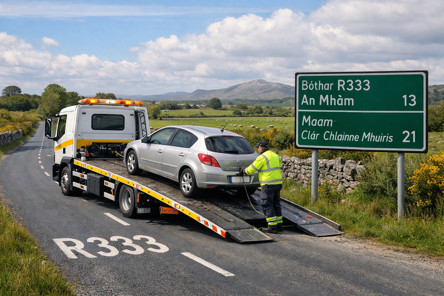Tow truck assisting broken down car on the R334 between Headford and Ballinrobe in rural Ireland