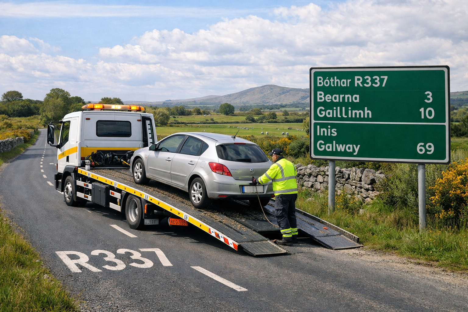 Tow truck assisting broken down car on the R337 coastal road between Galway City and Barna