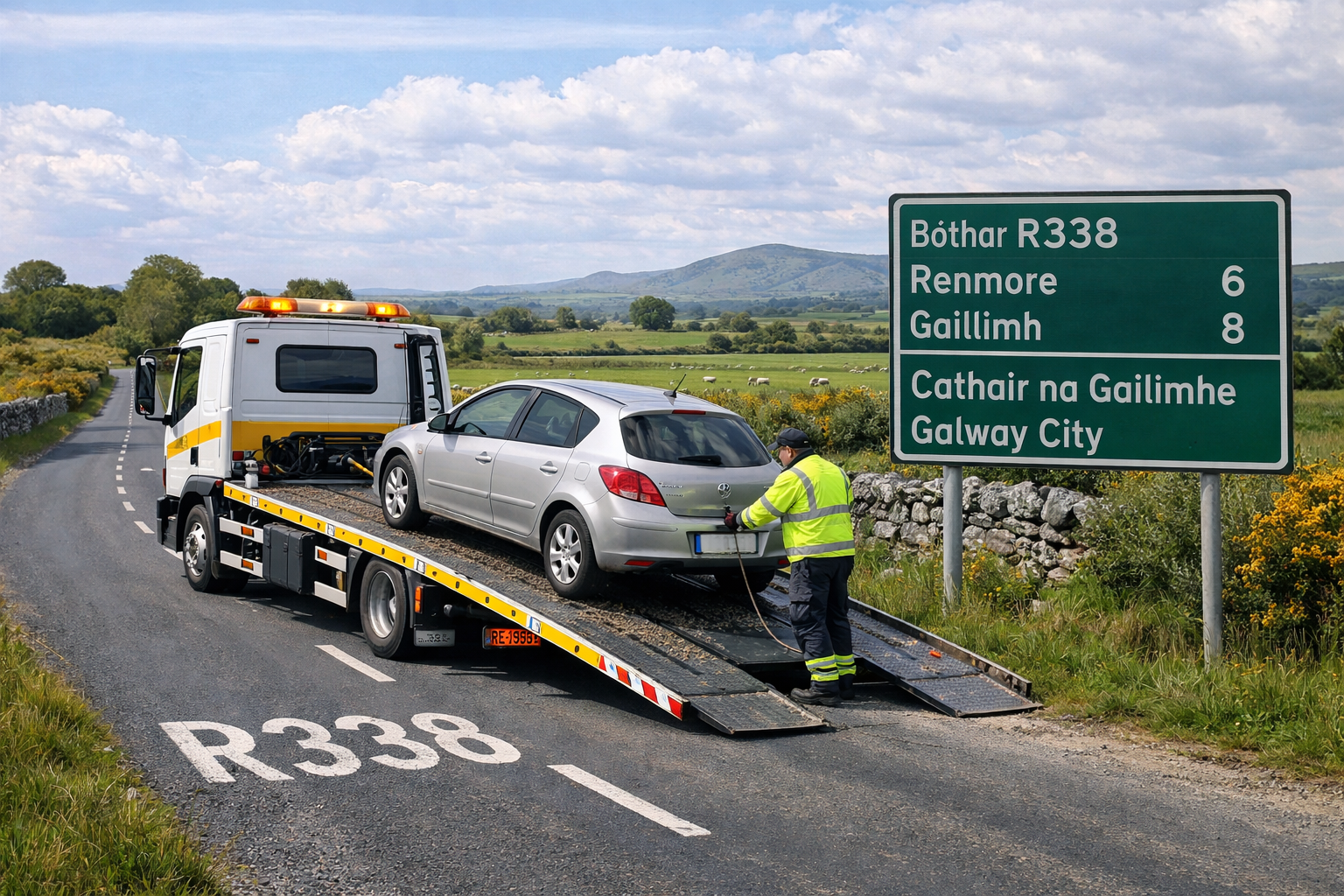 Tow truck assisting broken down car on the R338 route from Galway City towards Oranmore
