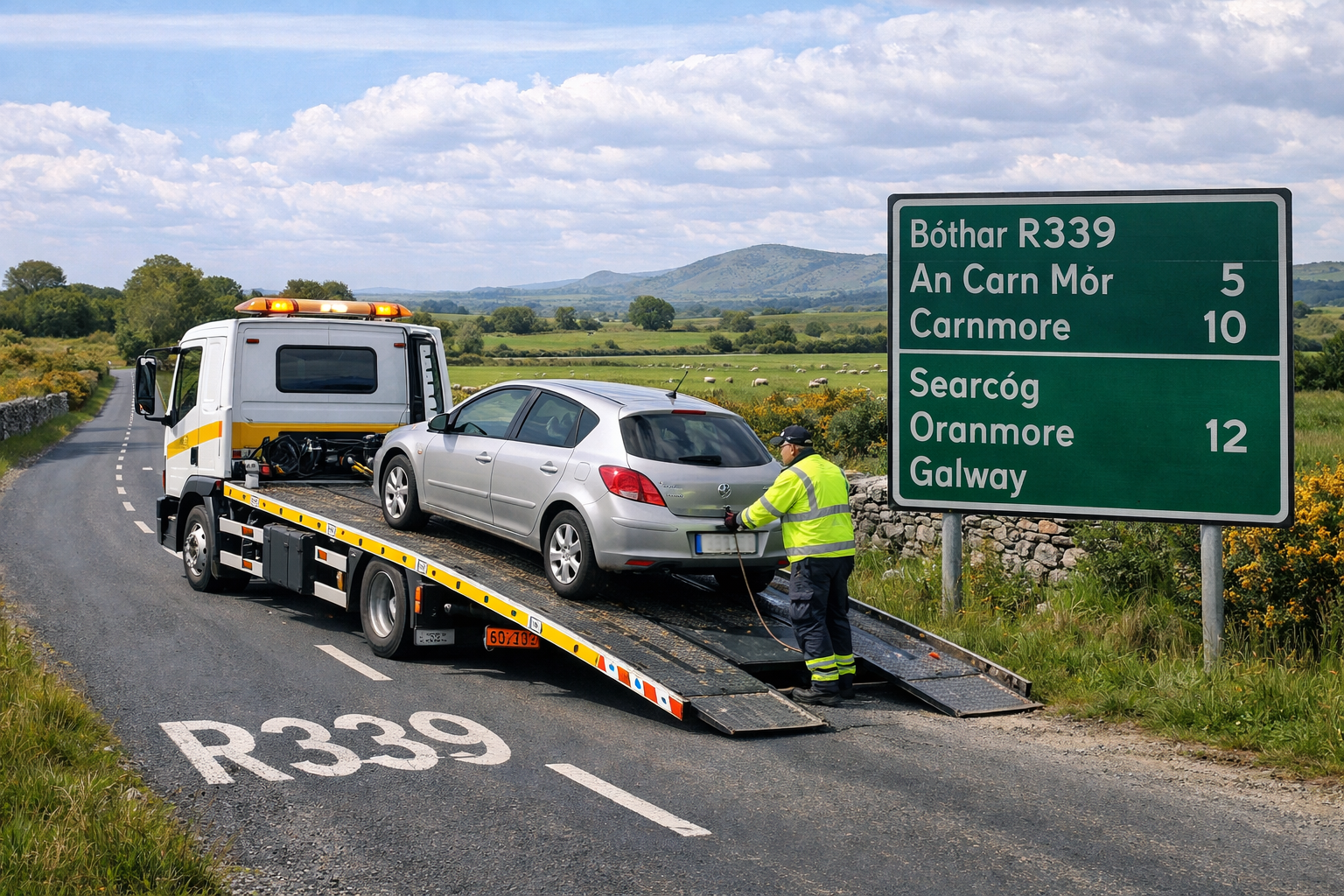 Tow truck assisting broken down car on the R339 between Galway City and Athenry