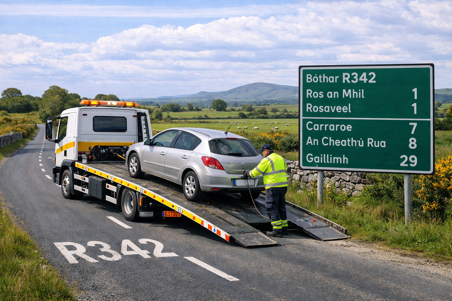 Tow truck assisting broken down car on the R342 between Oughterard and Clifden in Connemara