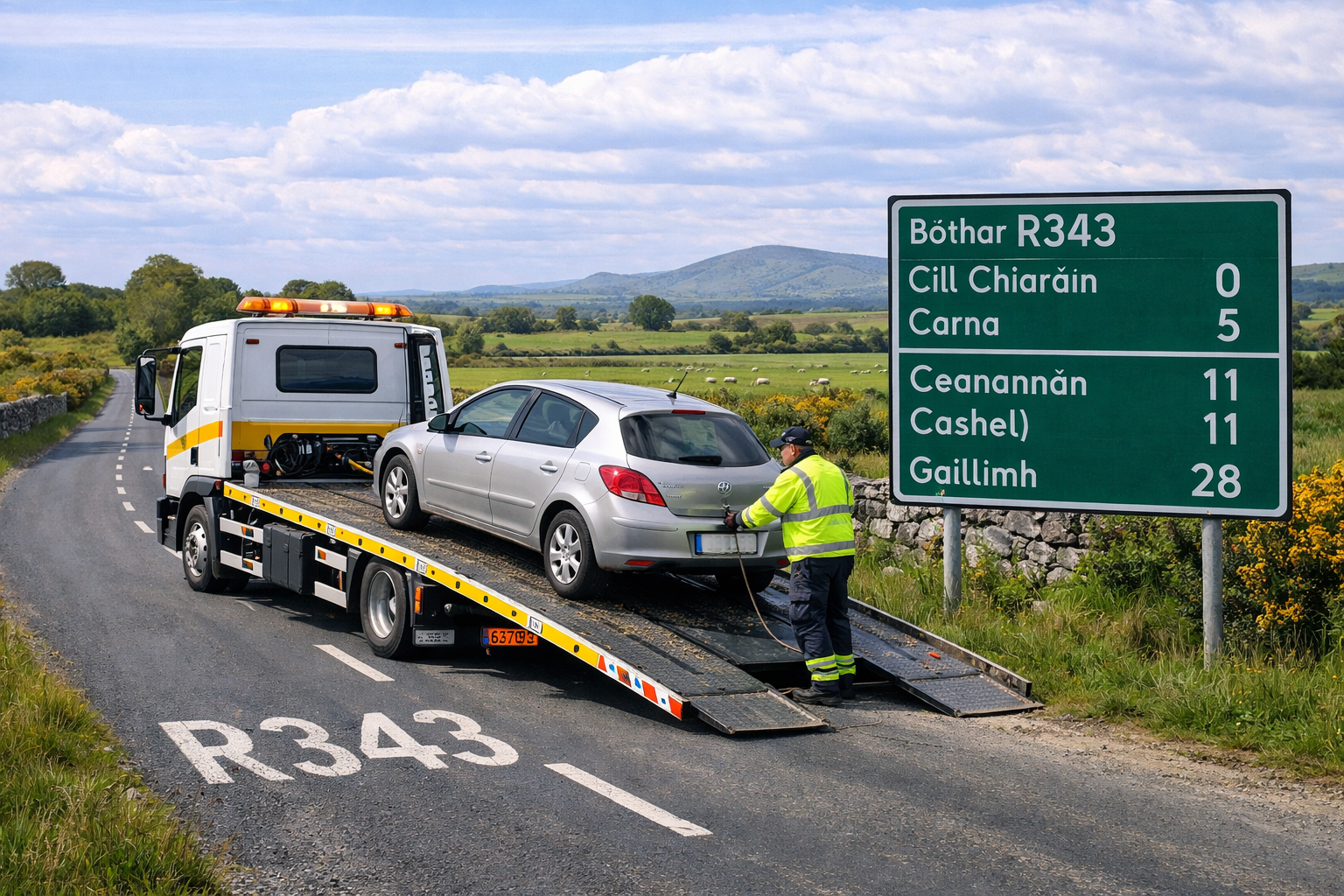 Tow truck assisting broken down car on the R343 between Ballinasloe and Ahascragh in County Galway