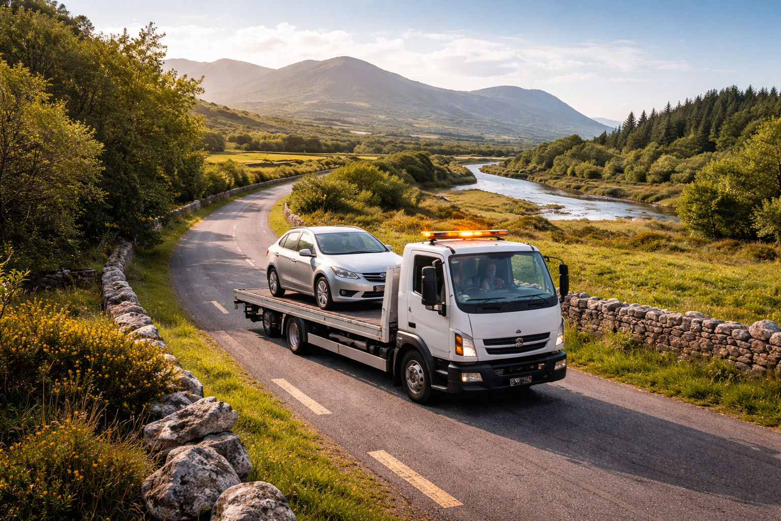 Tow truck assisting a broken down car on the R350 near Loughrea in County Galway