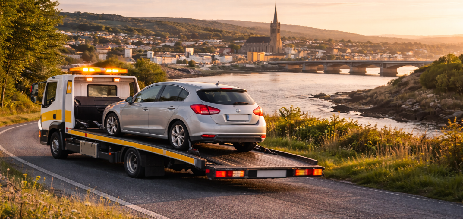 Tow truck loading a broken down car on a roadside in Arklow County Wicklow