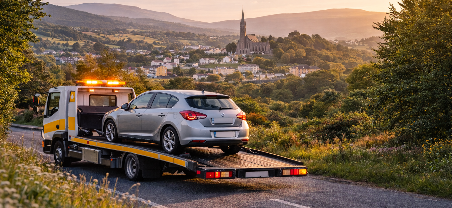 Tow truck loading a broken down car on a rural roadside near Rathdrum in County Wicklow