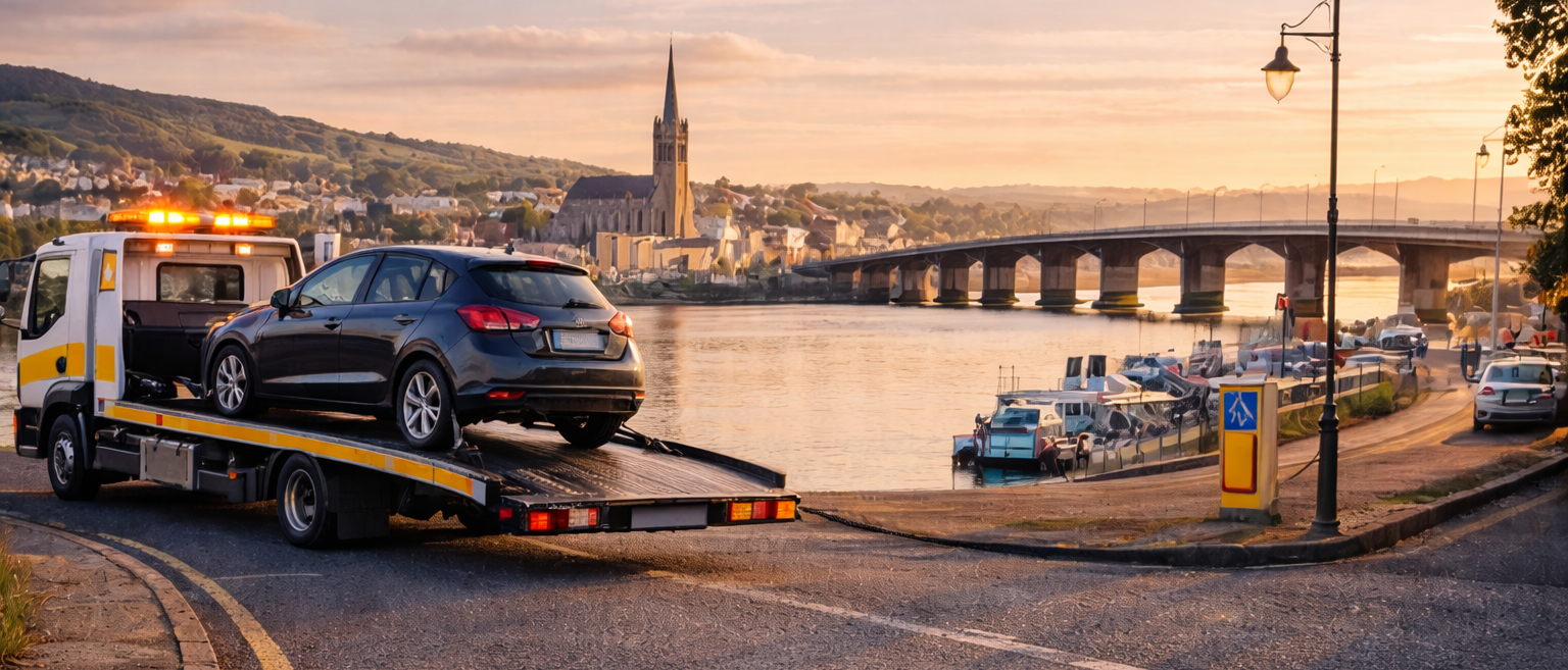 Tow truck recovering a broken down car on the waterfront road in Wexford Town at sunset
