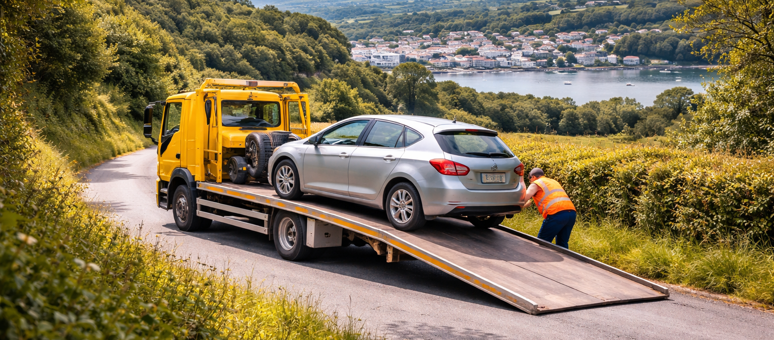 tow truck loading broken down car on coastal road near Youghal East Cork