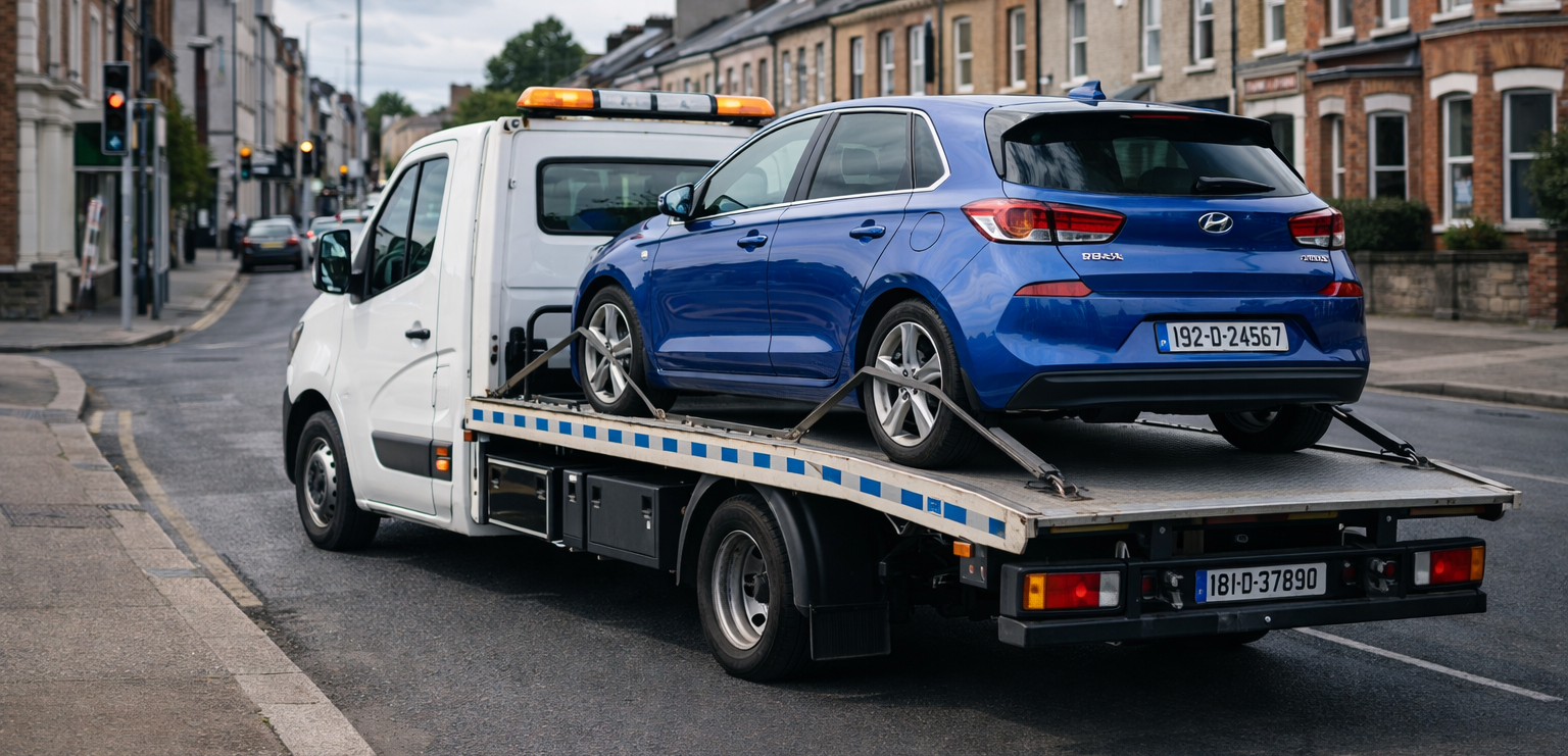 white tow truck carrying blue car with Dublin plates in Lucan