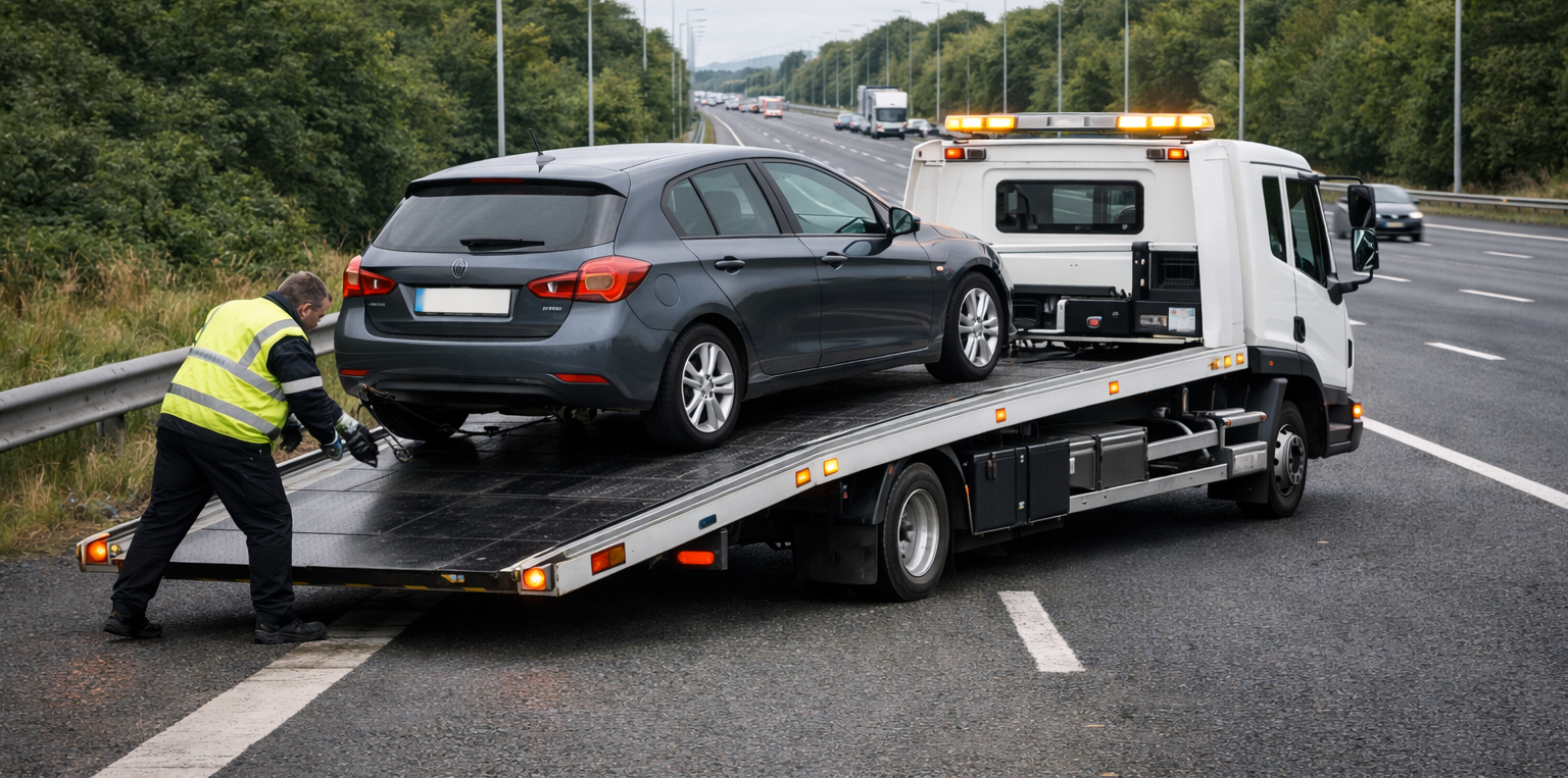 Tow truck recovering broken down car on the M6 motorway in Ireland