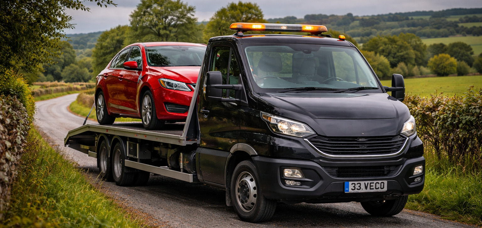 Black tow truck recovering broken down red car on rural N60 road in County Mayo