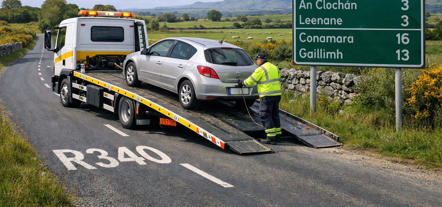 Tow truck assisting broken down car on the R340 coastal road near Clifden in Connemara