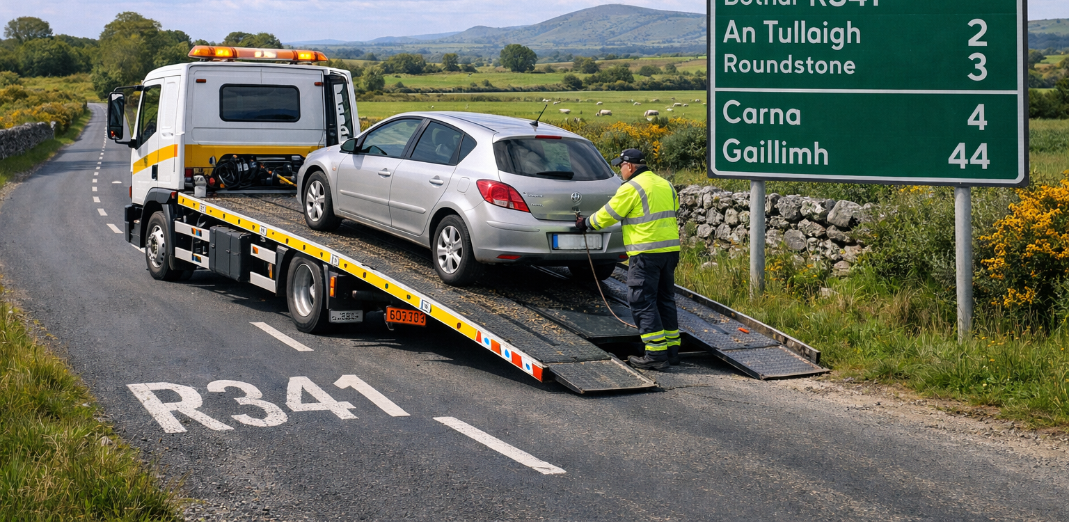 Tow truck assisting broken down car on the R341 between Oughterard and Maam Cross in Connemara
