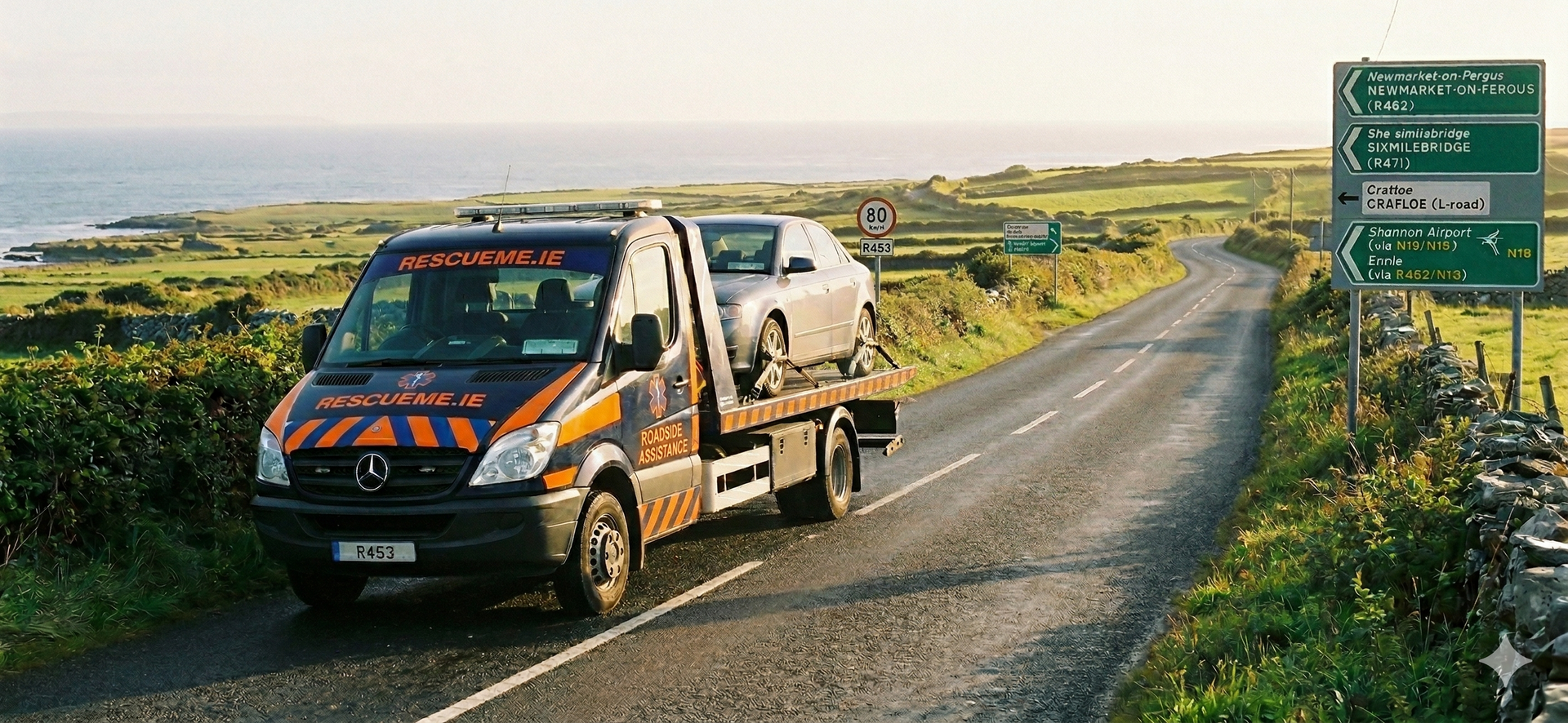 Tow truck assisting a broken down car safely at the side of the road on the R474 in County Clare