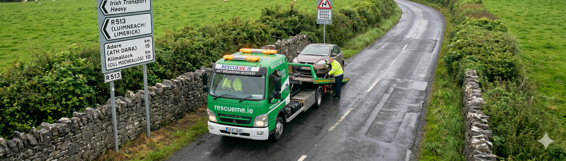 Tow truck assisting broken down car on the R528 near Thomondgate in County Limerick