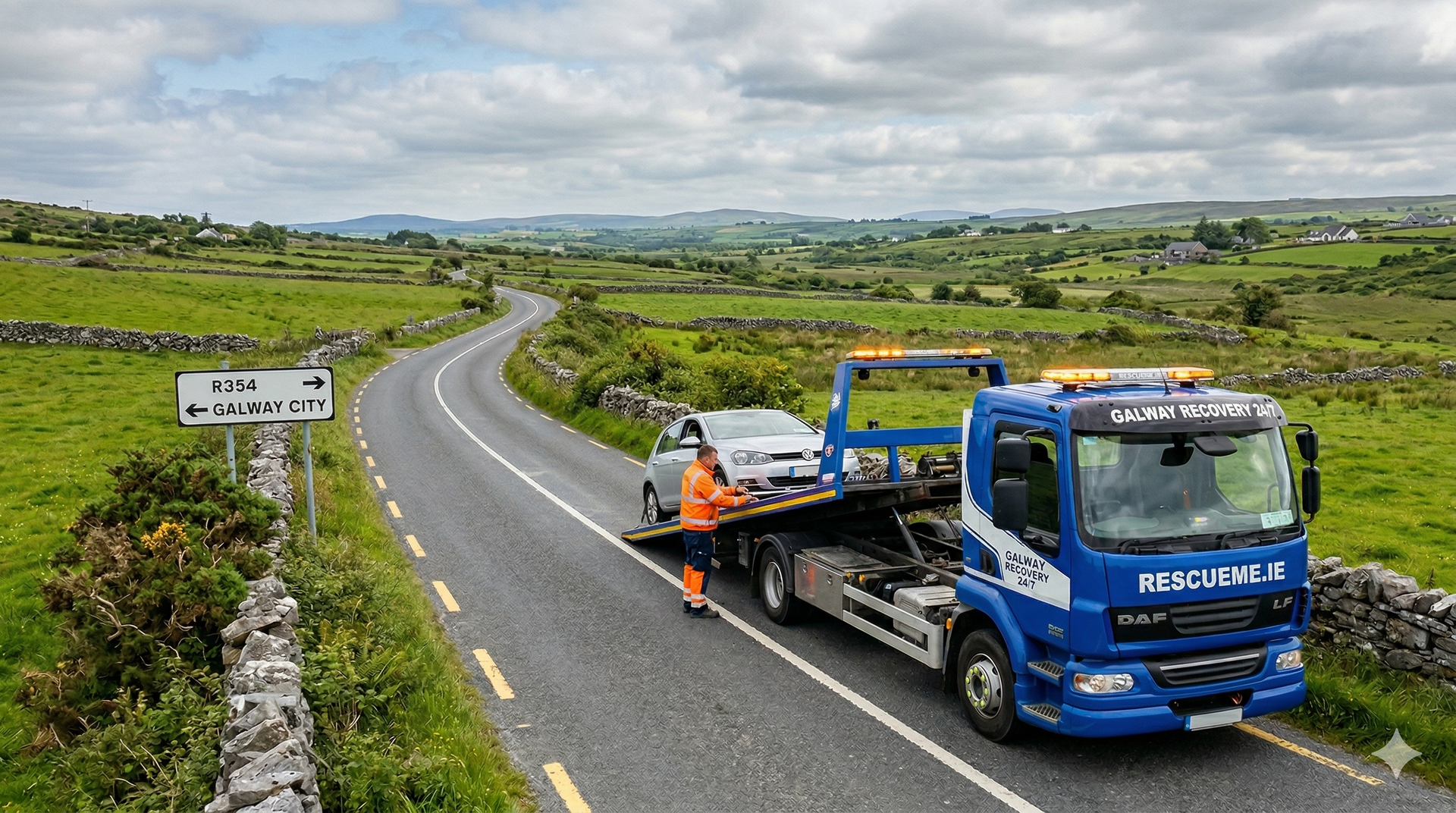 Tow truck assisting a broken down car on the R354 between Loughrea and Galway City