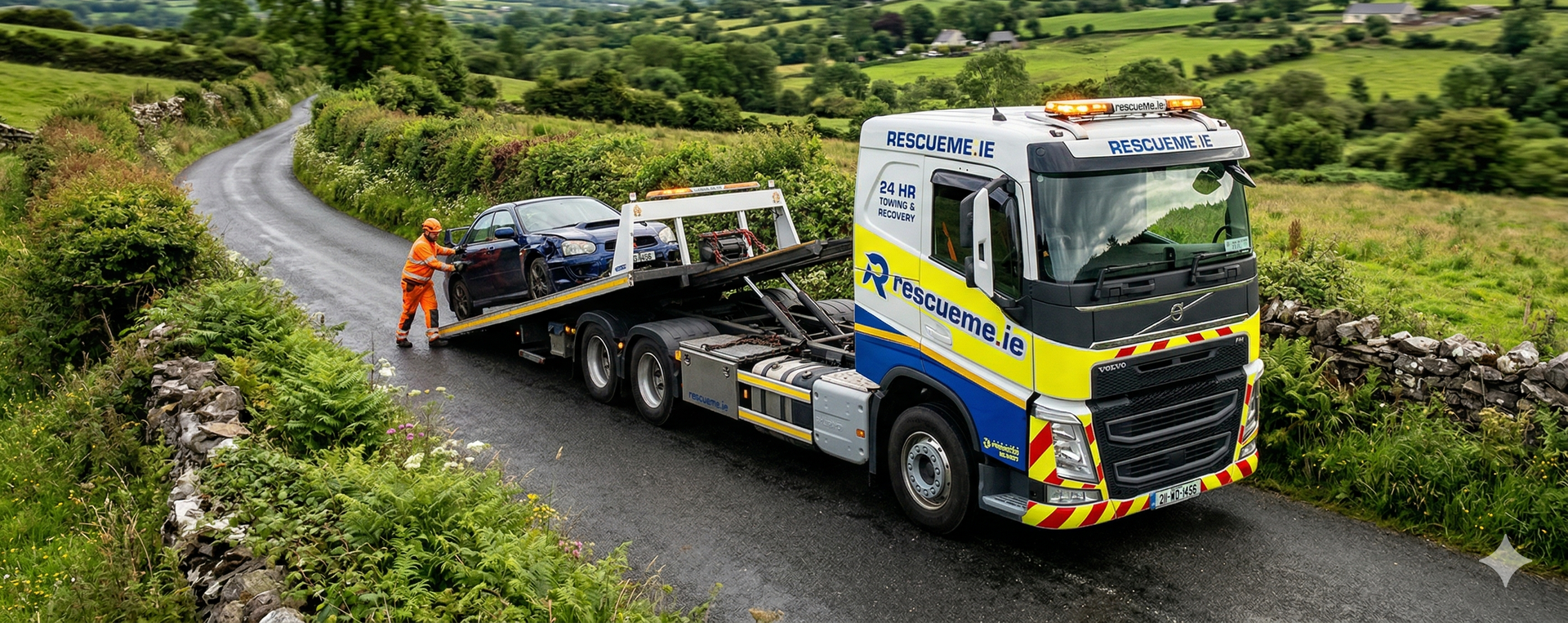 Tow truck assisting broken down car on R657 Waterford between Ballysaggart and Ardmore