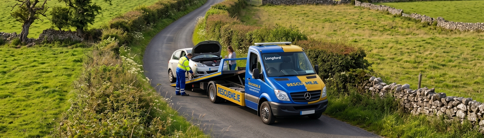 Tow truck assisting broken down car on the R400 near Ballymahon in County Longford