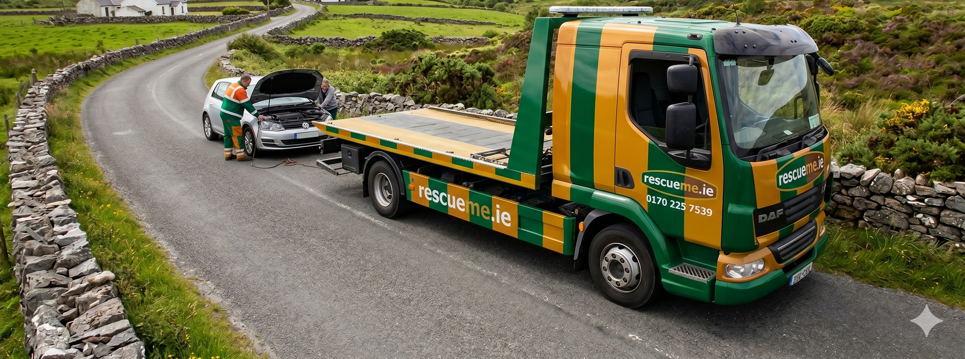 Tow truck assisting broken down car on the R255 near Crolly in County Donegal