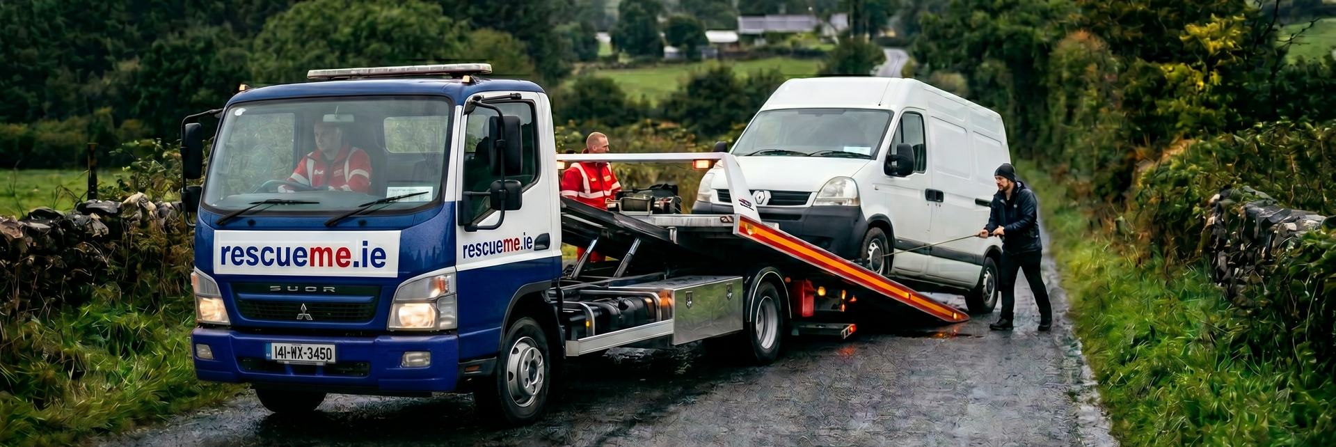 Tow truck assisting broken down car on R212 near Ballyhaise Cavan