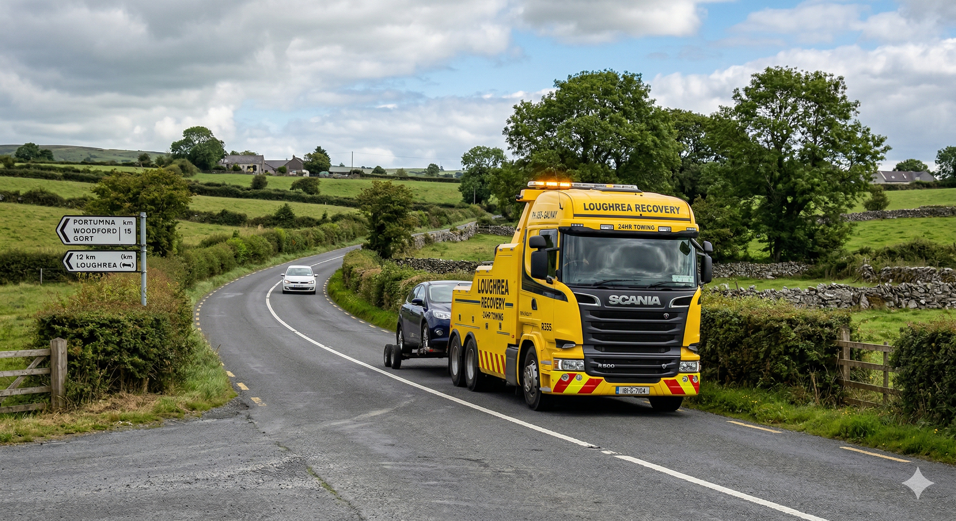 Tow truck assisting a broken down car on the R355 between Loughrea and Portumna