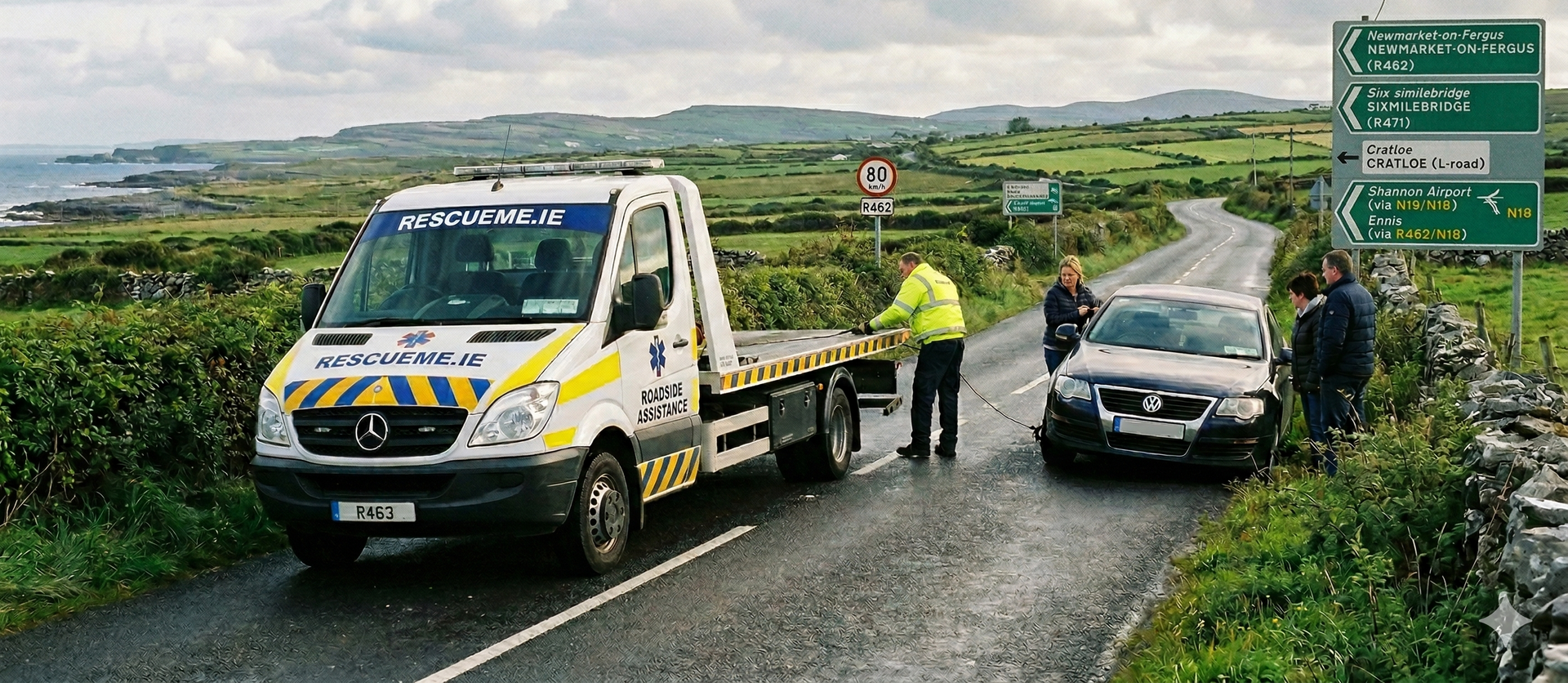 Tow truck assisting driver with flat battery car on roadside in Ireland during emergency jump start 