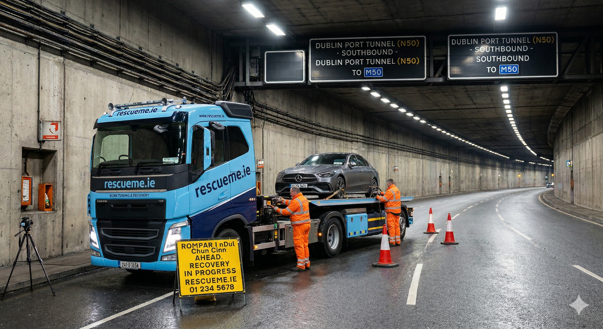 Tow truck assisting broken down car near Dublin Port Tunnel entrance in north Dublin