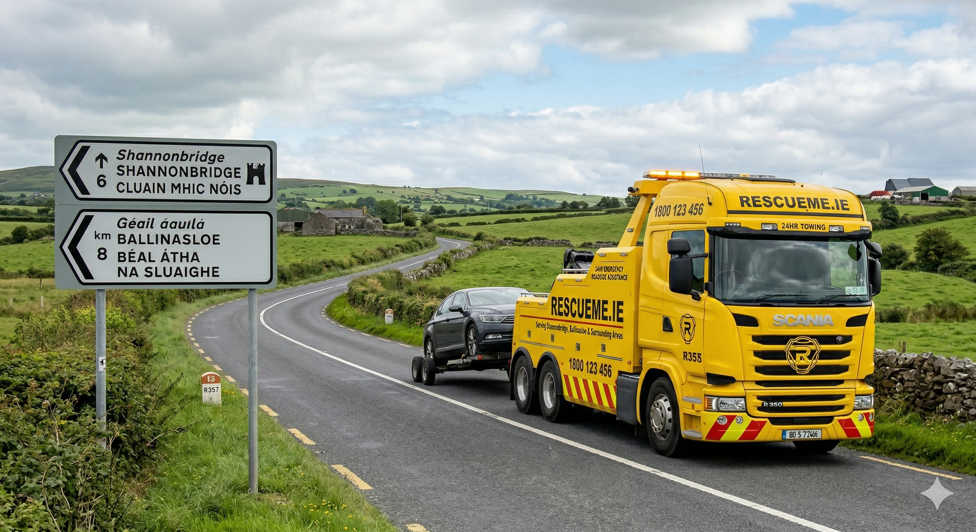 Tow truck assisting a broken down car on the R357 between Shannonbridge and Ballinasloe in Galway