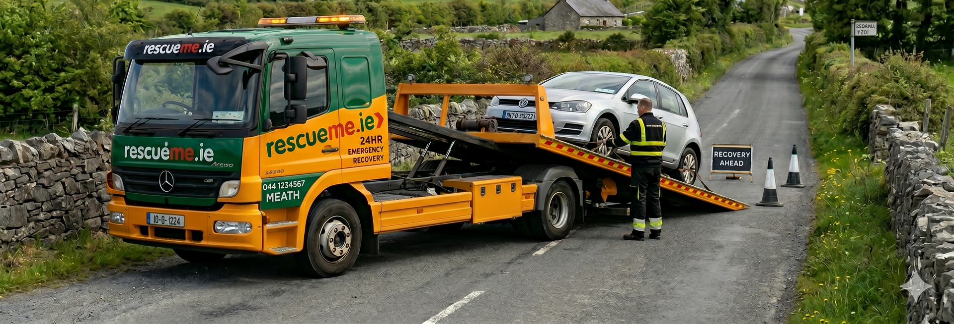 Tow truck assisting broken down car on the R402 near Trim in County Meath