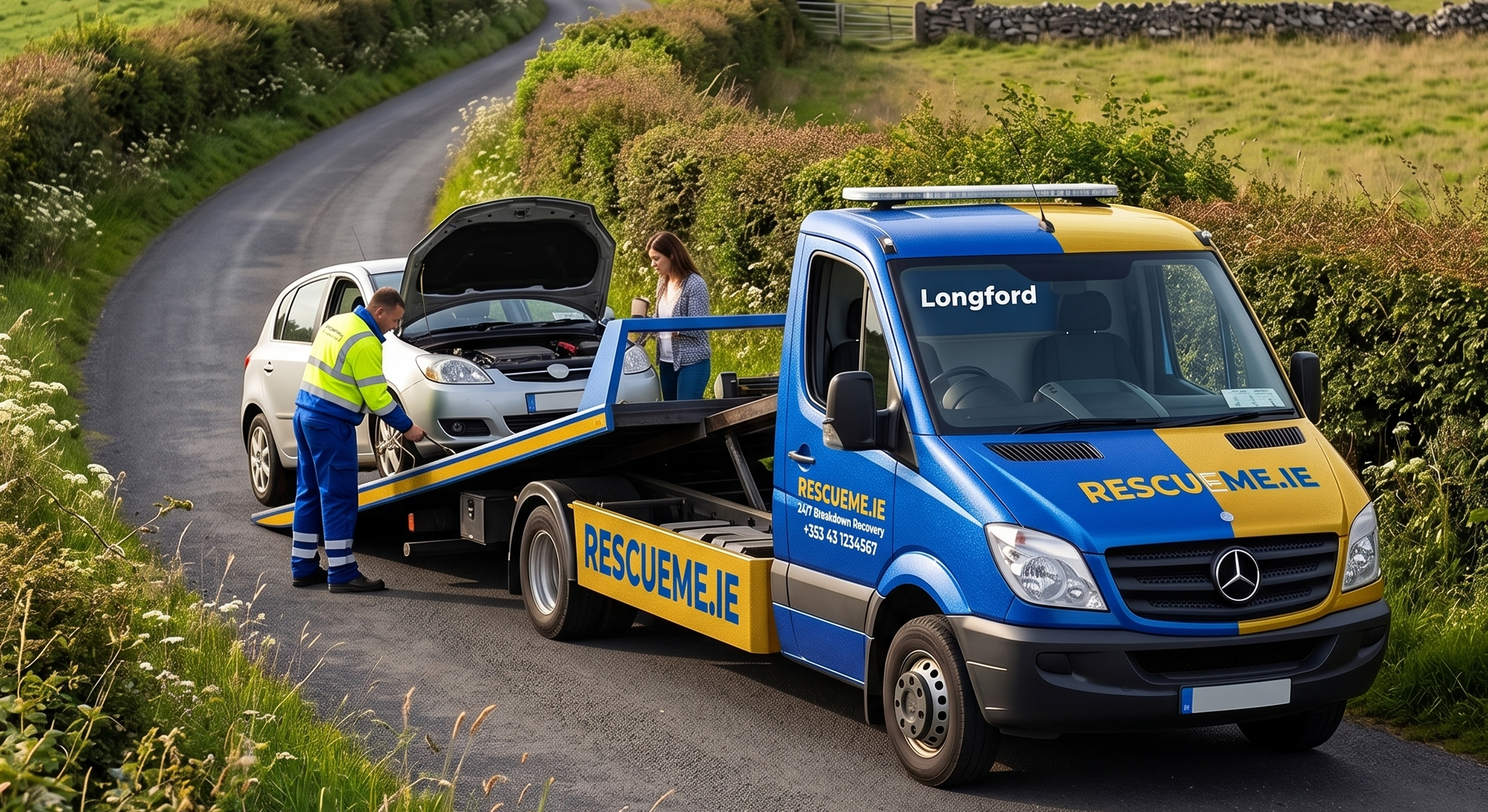 Tow truck assisting broken down car overheating on roadside in Ireland with engine cooling issue 