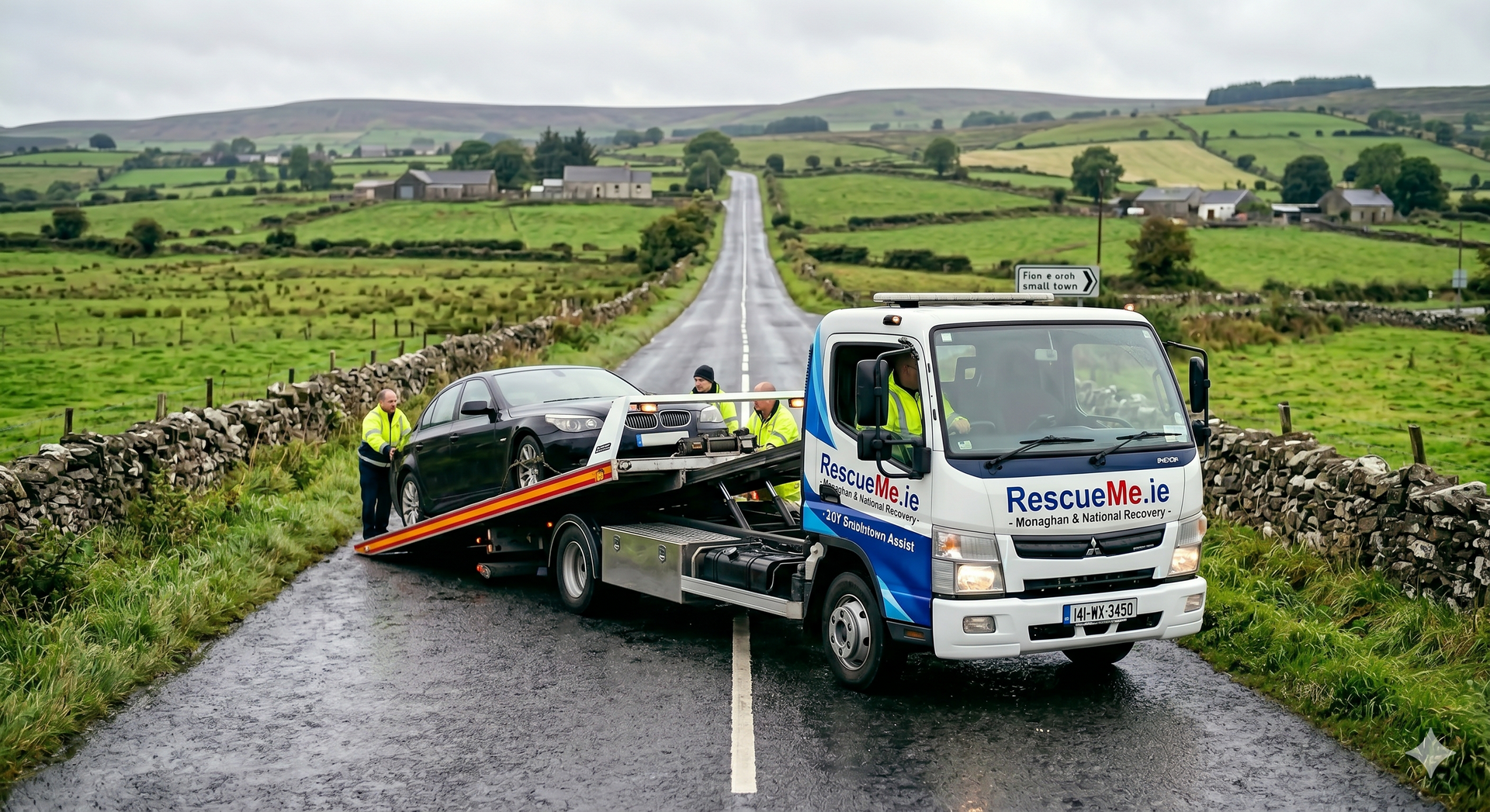 Tow truck assisting broken down car on N2 near Monaghan Town