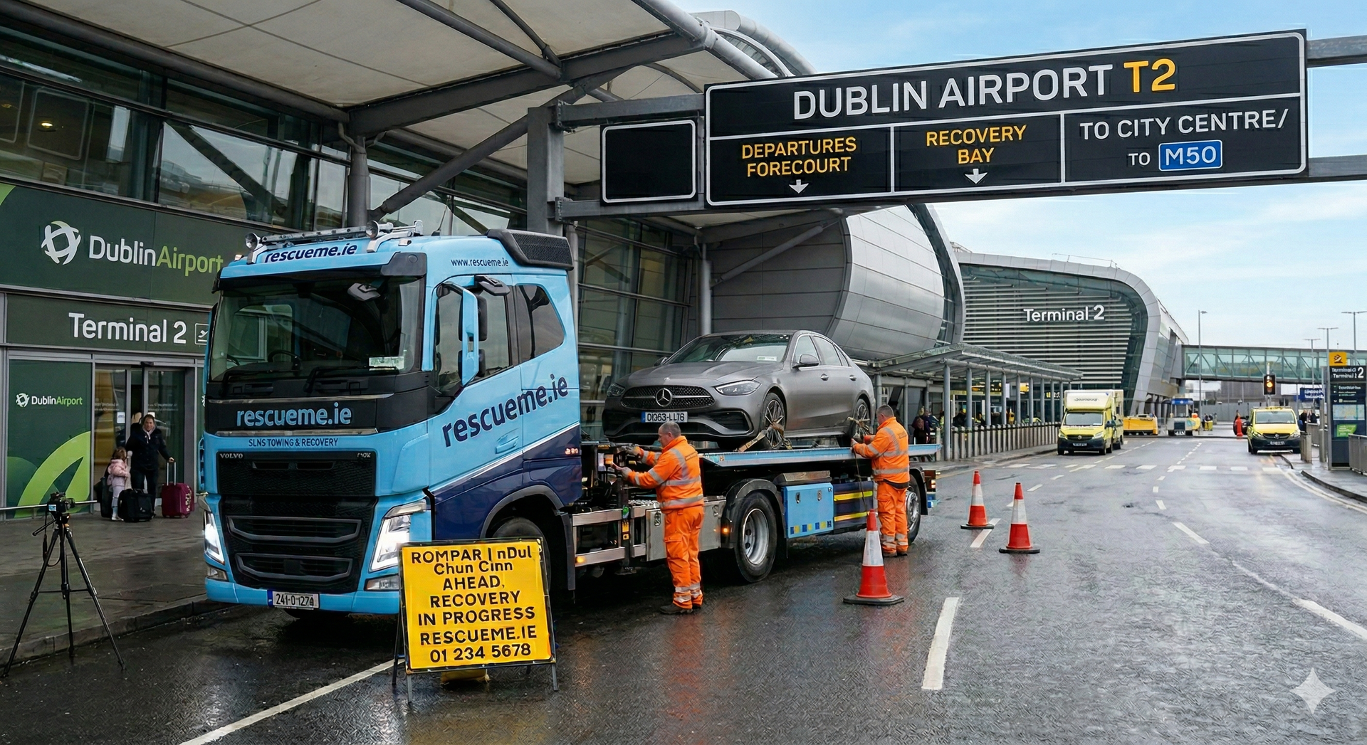 Tow truck assisting broken down car at Dublin Airport car park near terminals