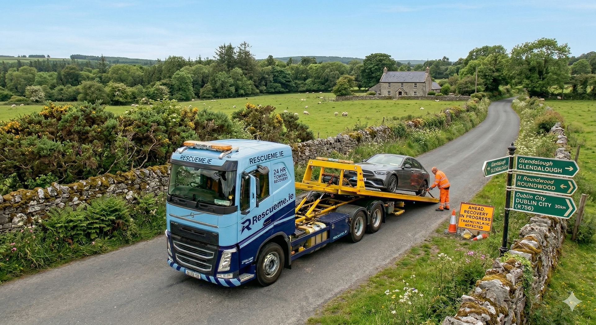 Roadside assistance provider helping stranded driver in Ireland beside broken down car 