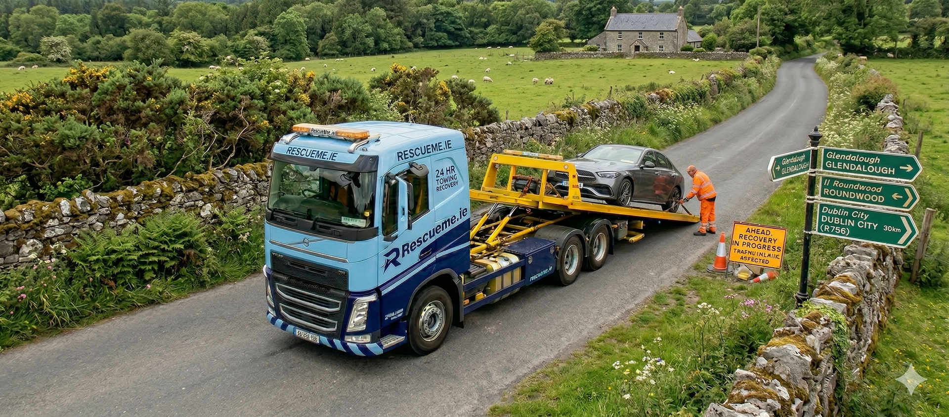 Tow truck assisting broken down car on R148 from Dublin through Lucan to Kinnegad