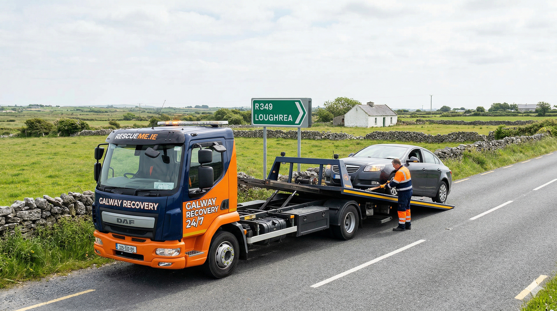 Tow truck assisting broken down car on R349 coastal road near Clifden Connemara