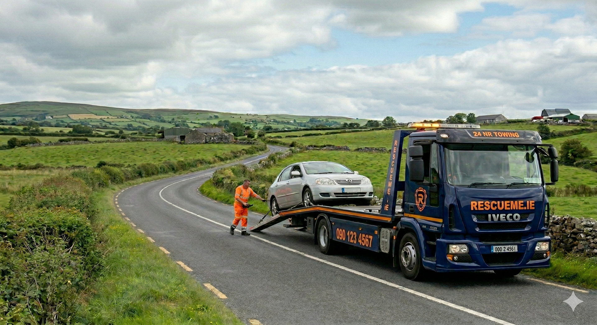 Tow truck assisting a broken down car on the R361 between Mountbellew and Athenry in County Galway