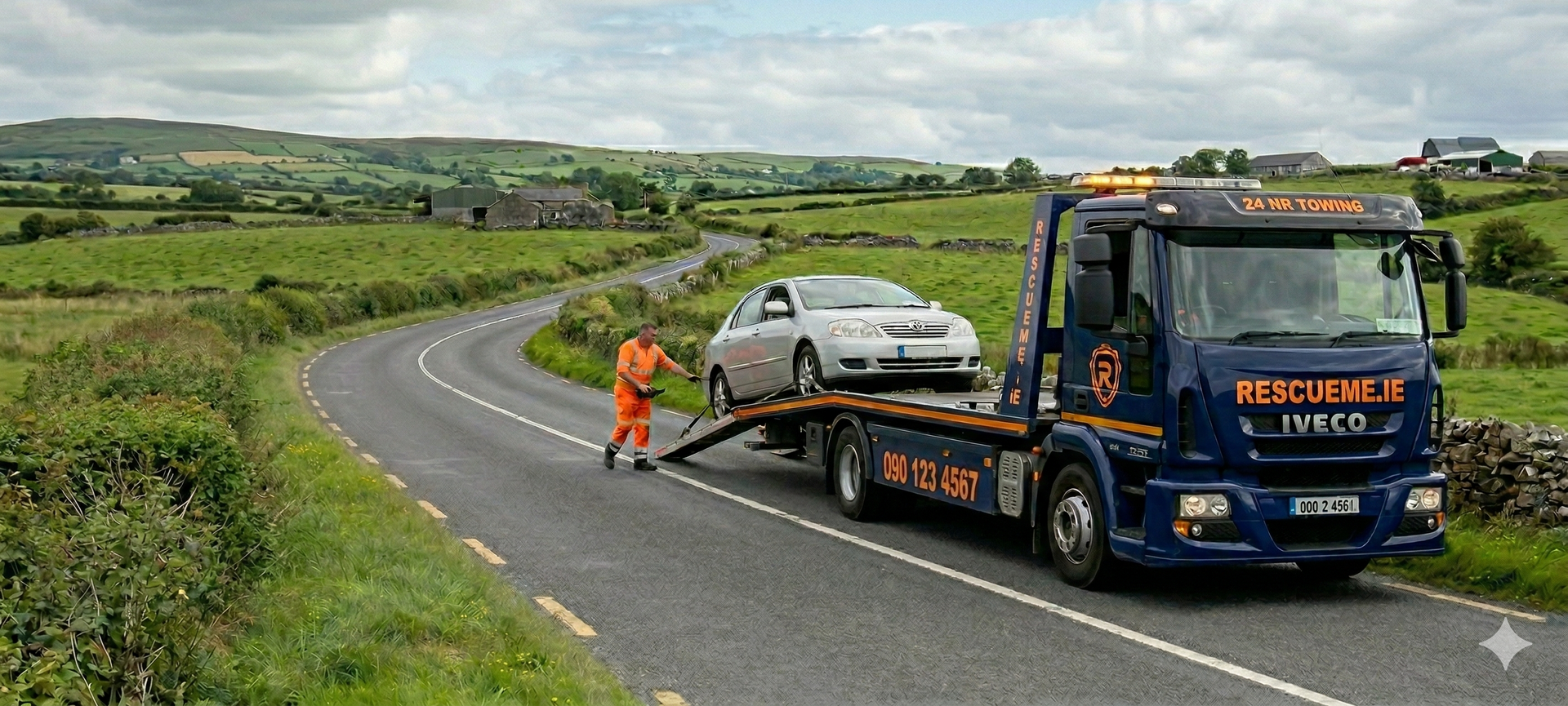 Tow truck assisting a broken down car on the R446 passing through Athenry on the old N6 route 