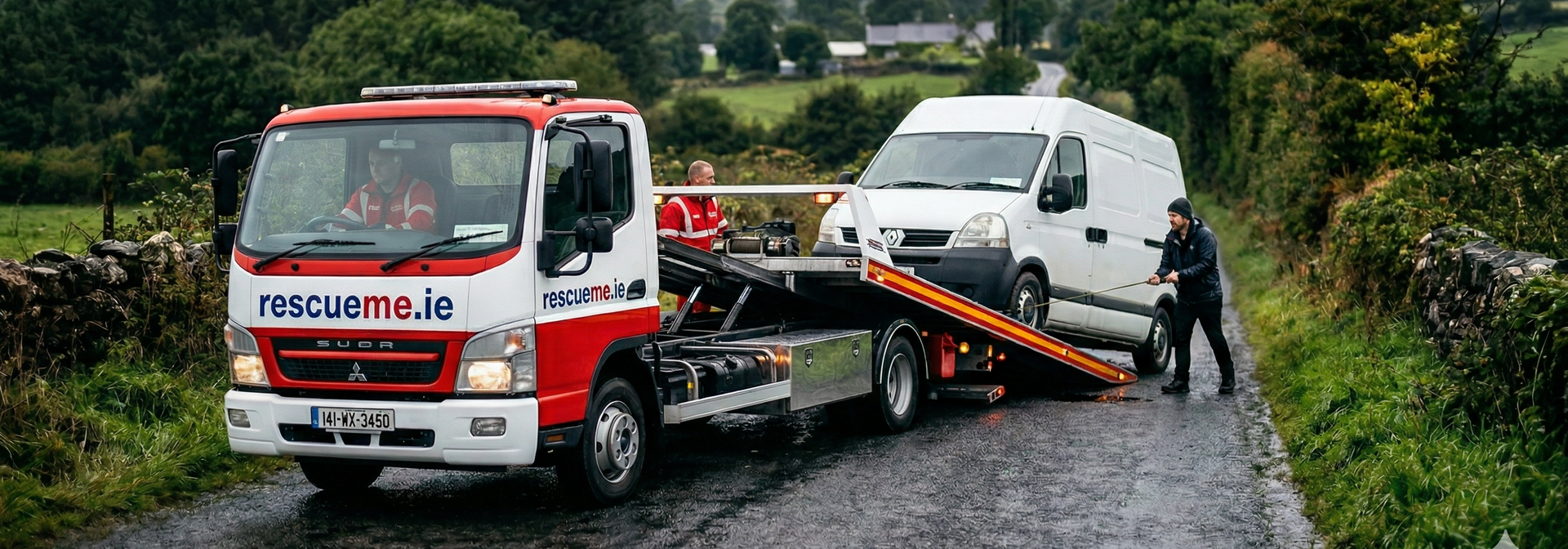 Tow truck assisting broken down car on N33 between Ardee and Dundalk County Louth