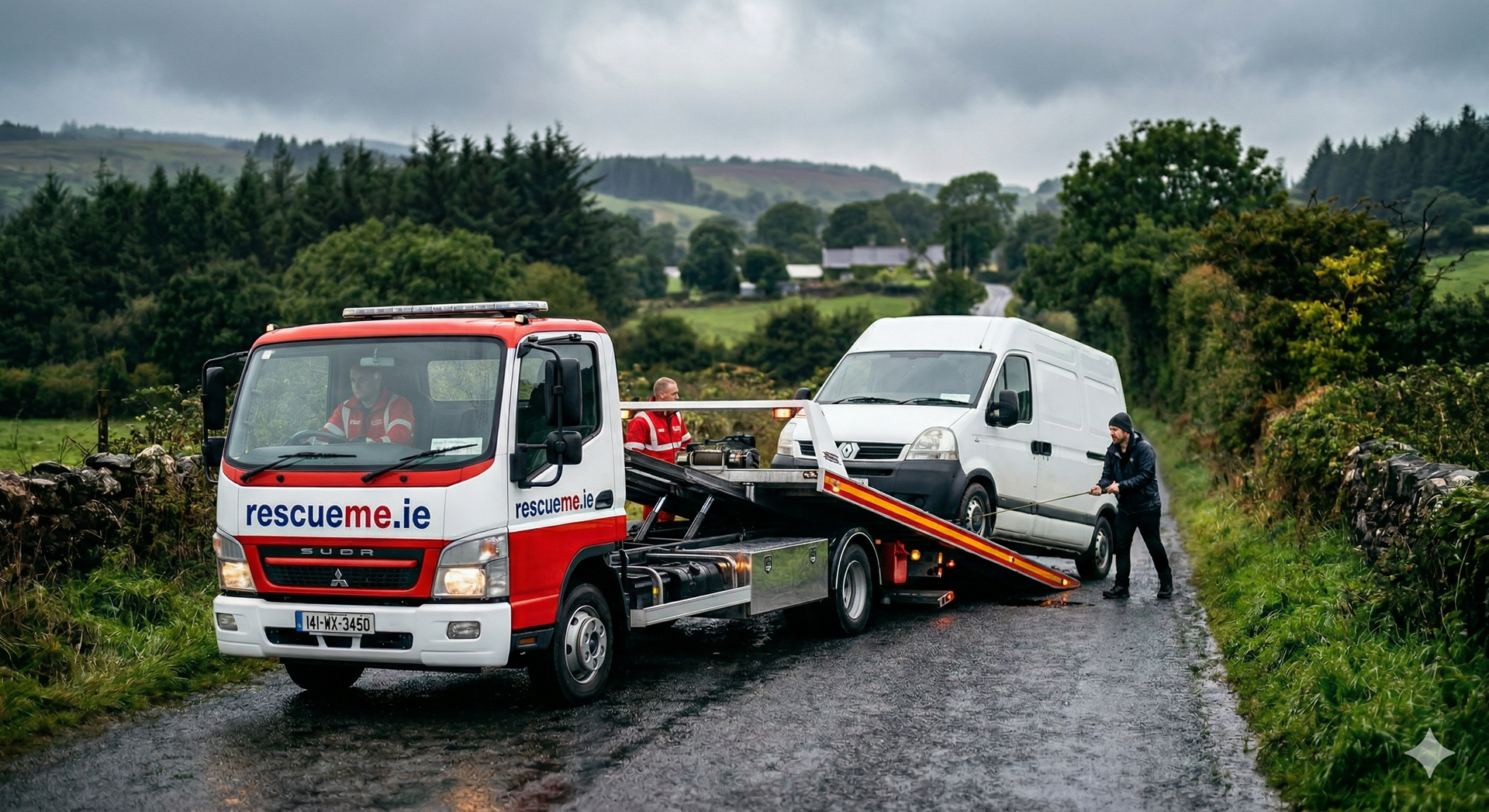 Tow truck assisting broken down car on M1 motorway near Dundalk County Louth