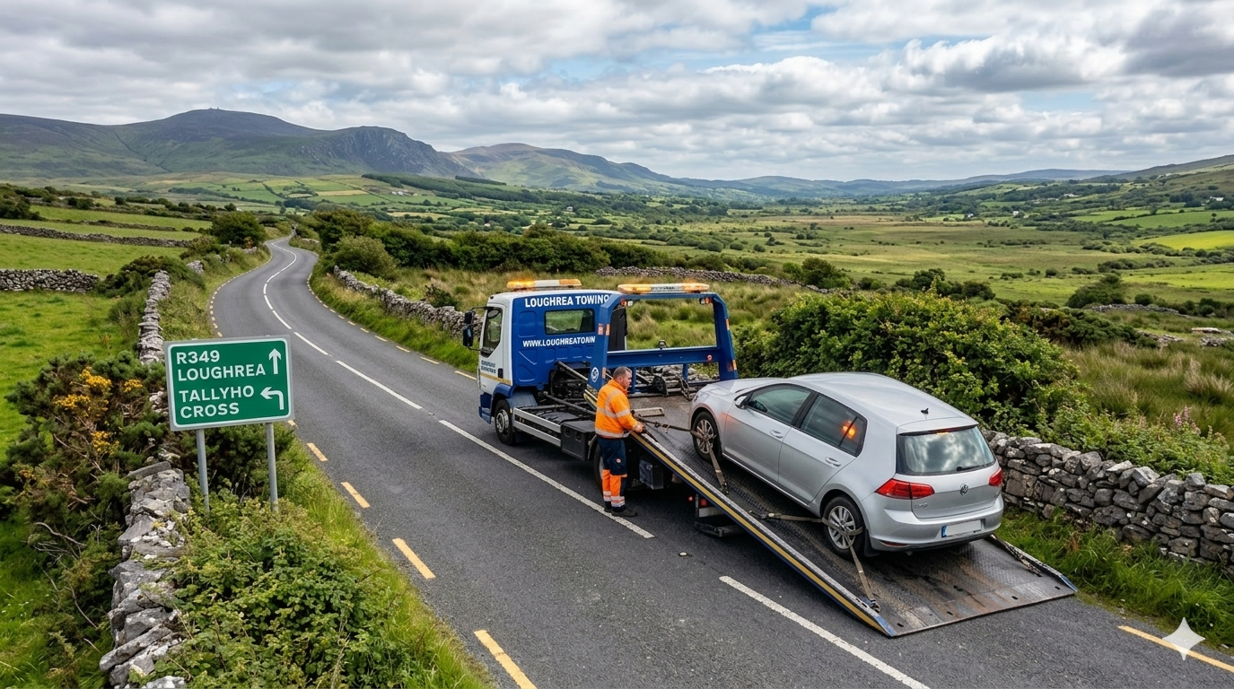 Tow truck assisting a broken down car on the R353 in County Galway