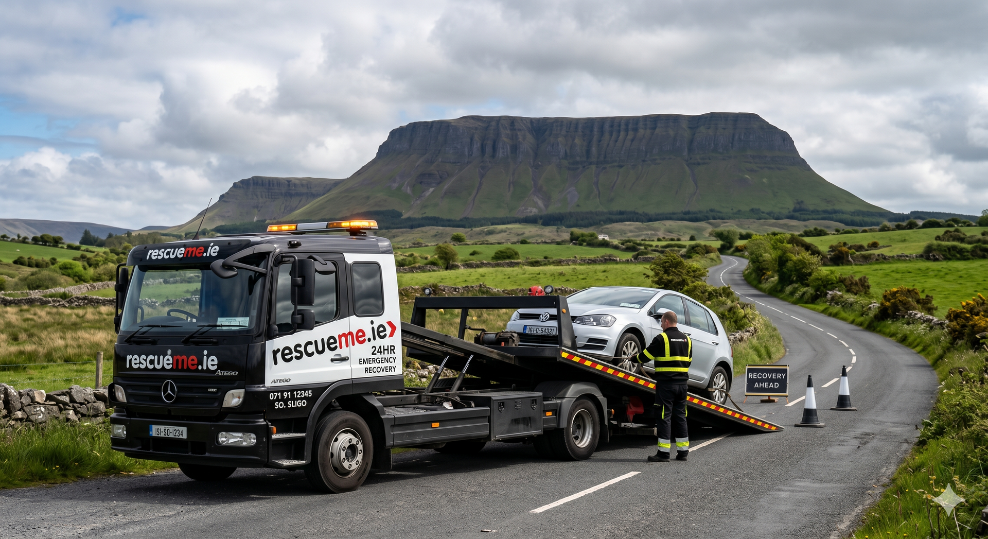 Tow truck assisting broken down car on the N4 near Collooney in County Sligo