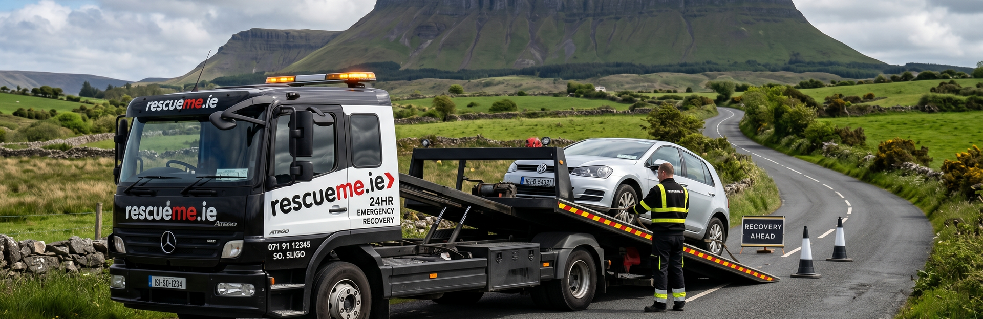 Tow truck assisting broken down car on the N15 near Drumcliff in County Sligo