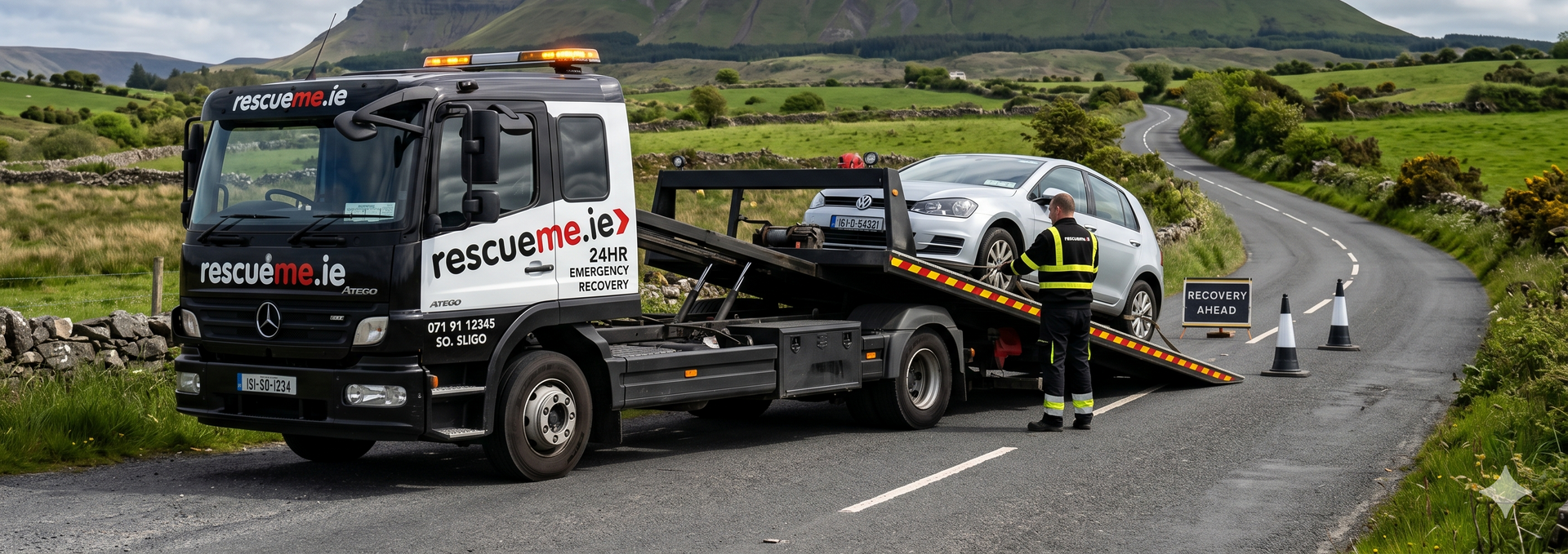 Tow truck assisting broken down car on the N59 near Belladrihid in County Sligo